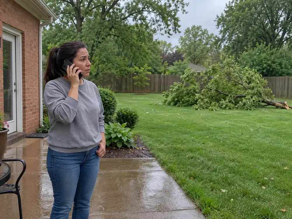 Homeowner calling from a patio with a broken leafy limb lying across the distant lawn