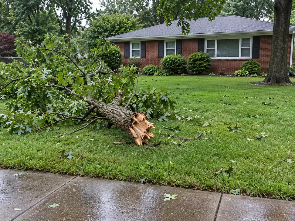 Broken leafy limb with a jagged end on wet grass near a brick house