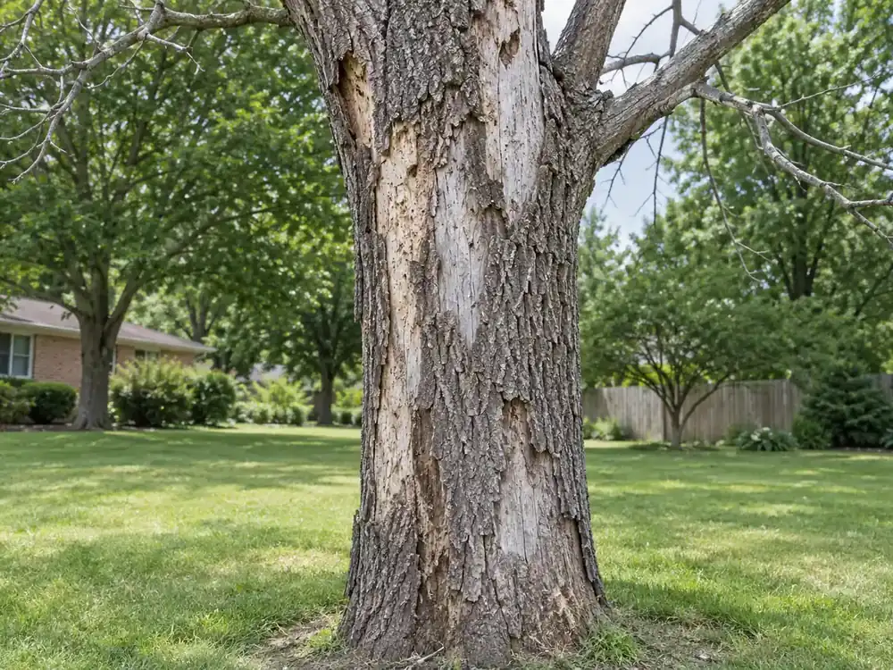 Dead ash trunk with missing bark and pale patches against a leafy yard