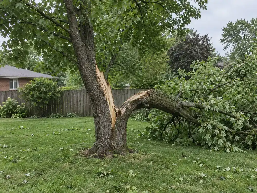 Split backyard tree with one half leaning onto wet grass