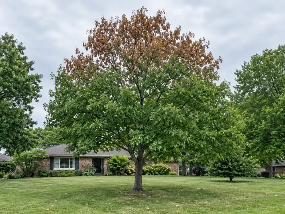 Red oak with brown wilted leaves above a still-green lower crown