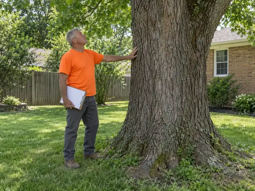 Arborist with a clipboard checks the trunk of a large shade tree beside a brick ranch home