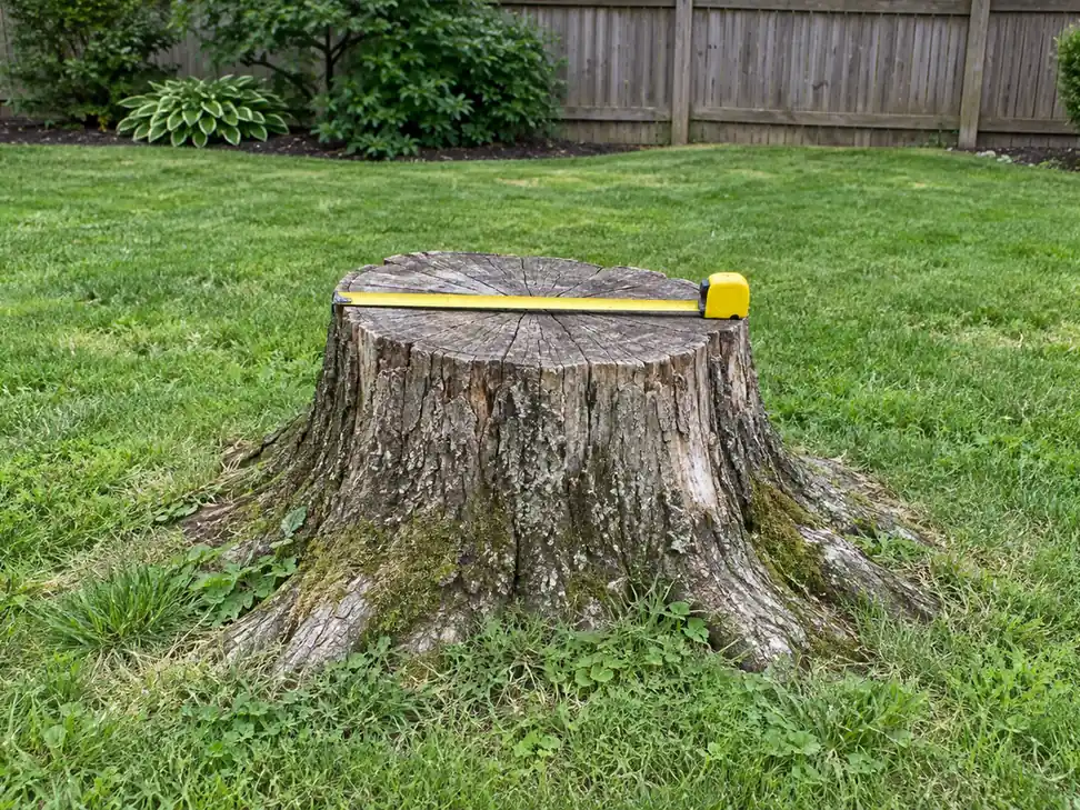 An old tree stump in a backyard lawn with a tape measure across its top