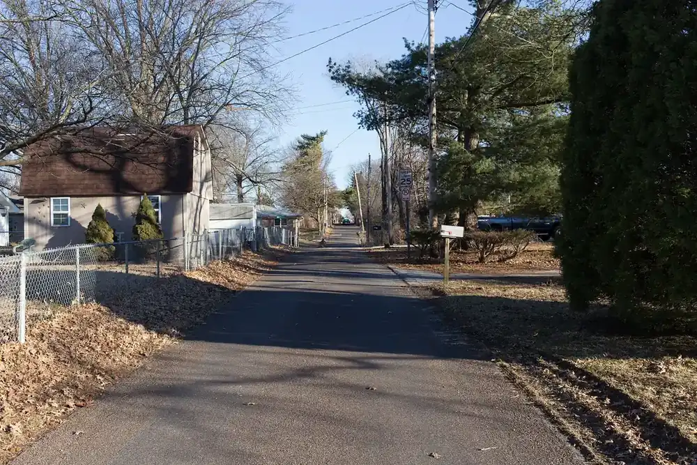 A quiet residential street lined with trees and small houses in Mehlville, Missouri